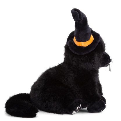 Bukowski Bears Bambo Black Cat plush sitting upright featuring soft midnight-black fur, golden eyes, and a tall black witch hat with an orange band.