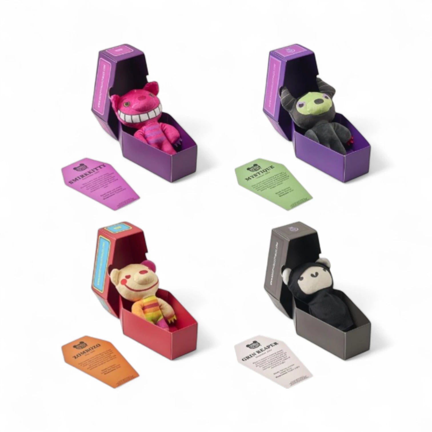 Four Deddy Bears Halloween Edition Plush in open purple boxes with colorful tags on a white background