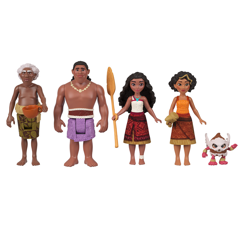 Set of Disney Moana 2 Moana's Canoe Crew Playset -themed action figures with traditional attire on a white background
