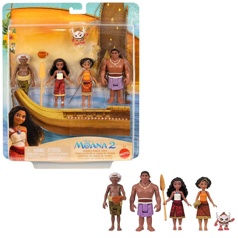 Toy figures from Moana 2 with packaging featuring characters and a boat.