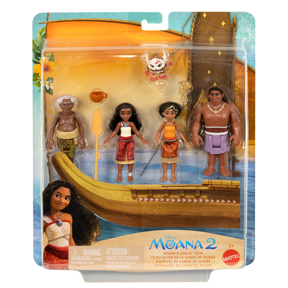 Toy figure set packaging featuring characters from Disney's Moana 2 on a boat with a colorful background.