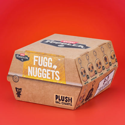 Cardboard box packaging for 'Fugg Nugget' plush bag charms on a red background