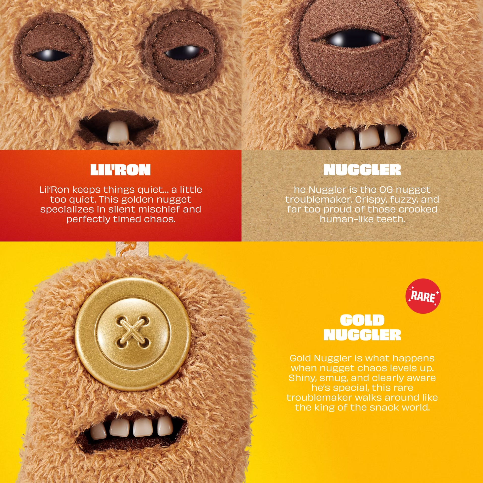 Illustration of a fluffy creature with a gold button, labeled 'Gold Nugger', on a yellow background.