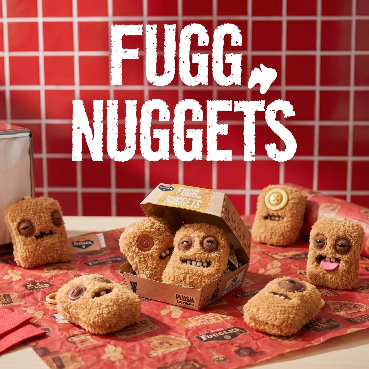 Fugg Nuggets plush toys on a red checkered background with 'Fugg Nuggets' text.