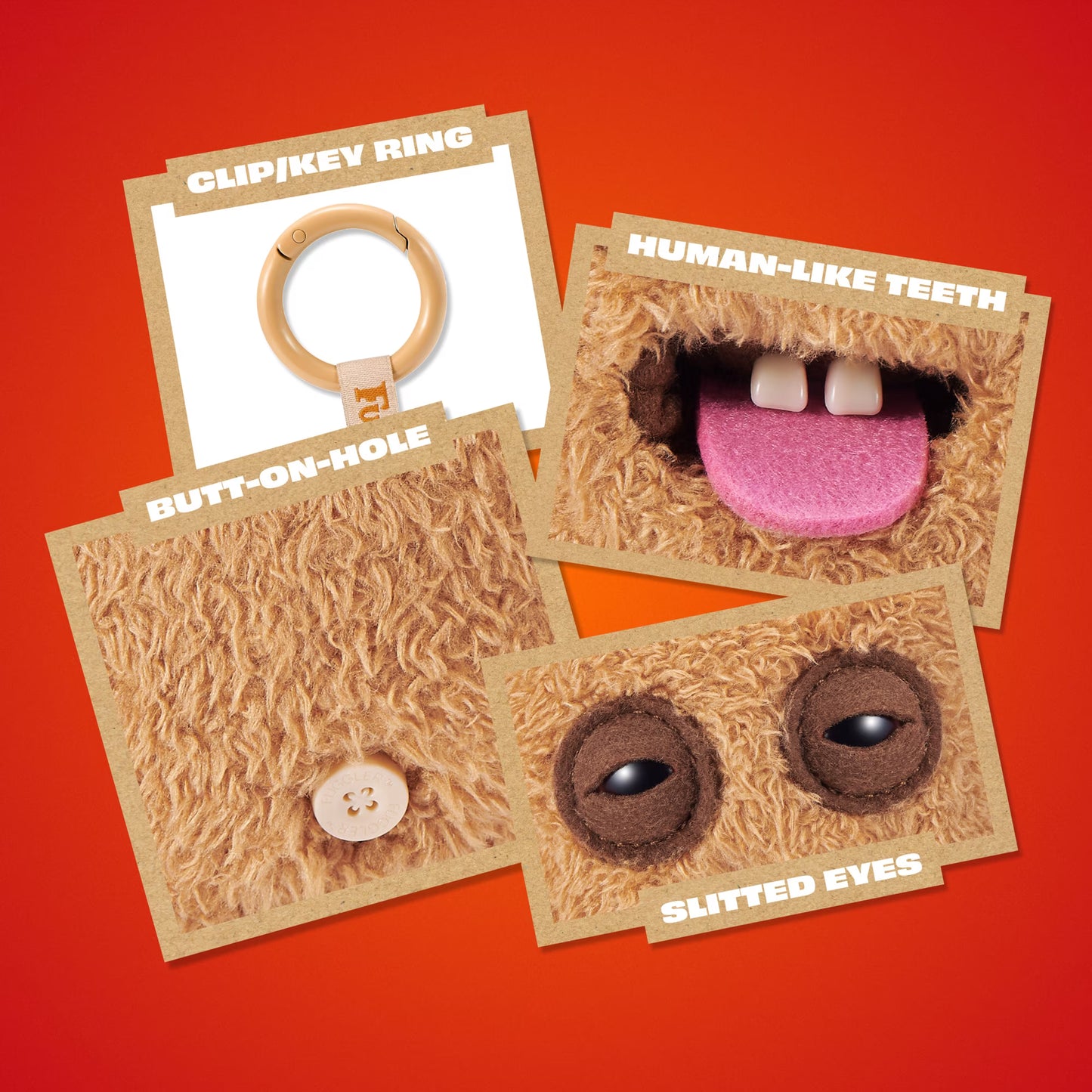 Set of novelty items including a clip/key ring, human-like teeth, a button, and eyes on a red background.