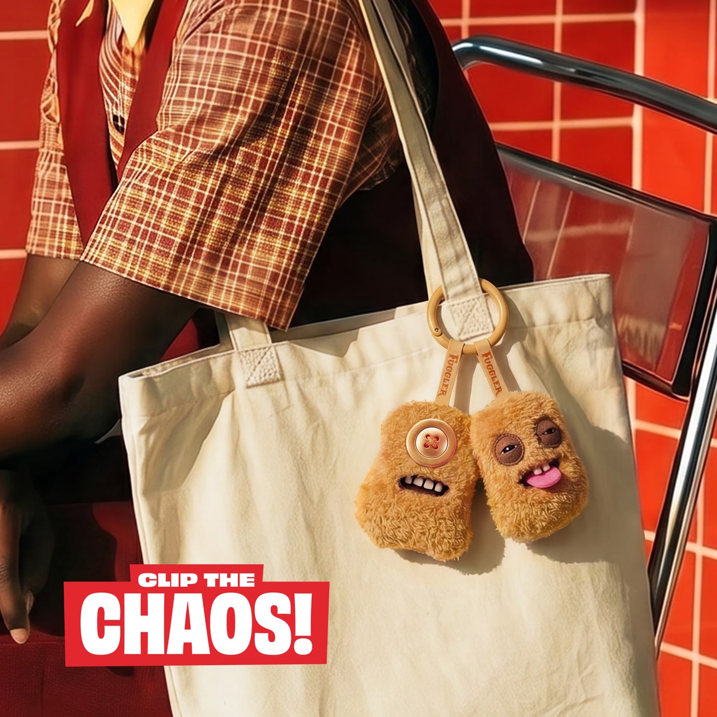 Person holding a beige tote bag with a furry keychain on a red checkered background