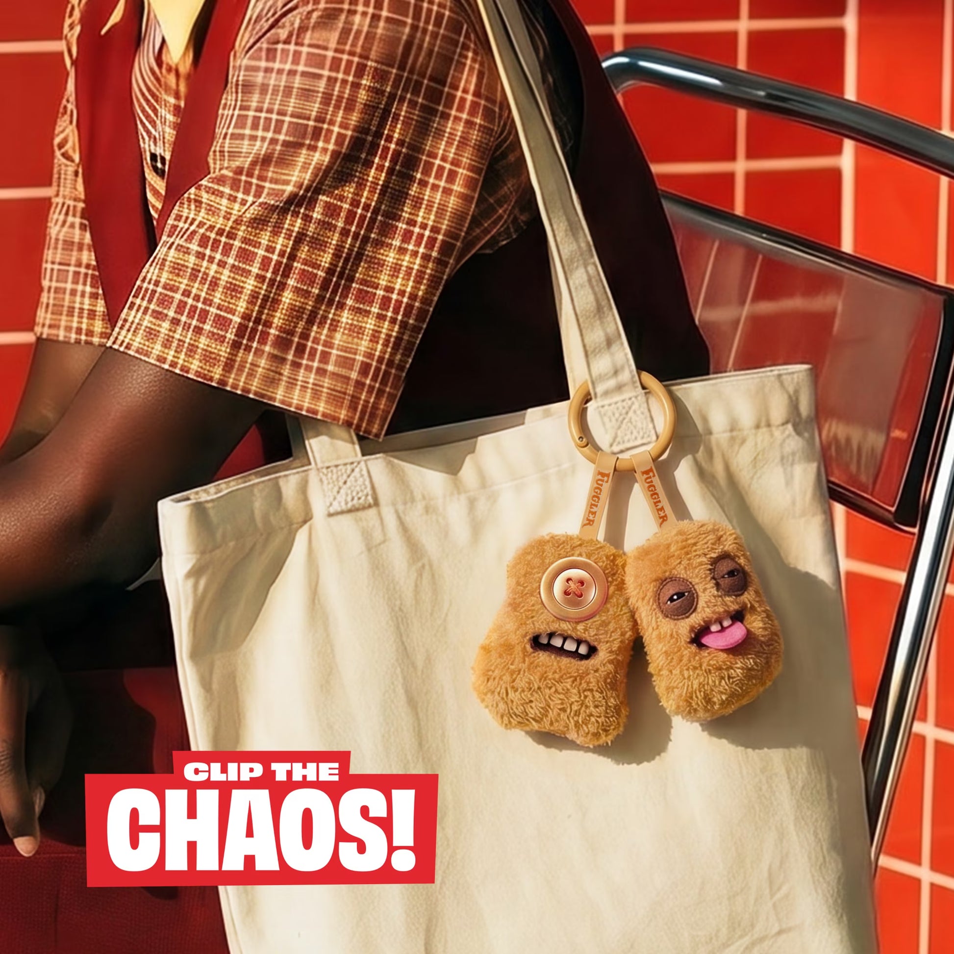 Person holding a beige tote bag with a furry keychain on a red checkered background