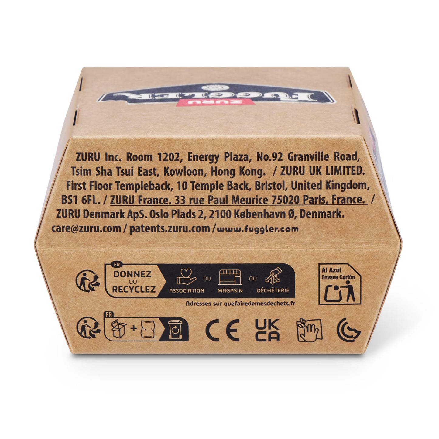 Back of a cardboard box with text and logos on a white background