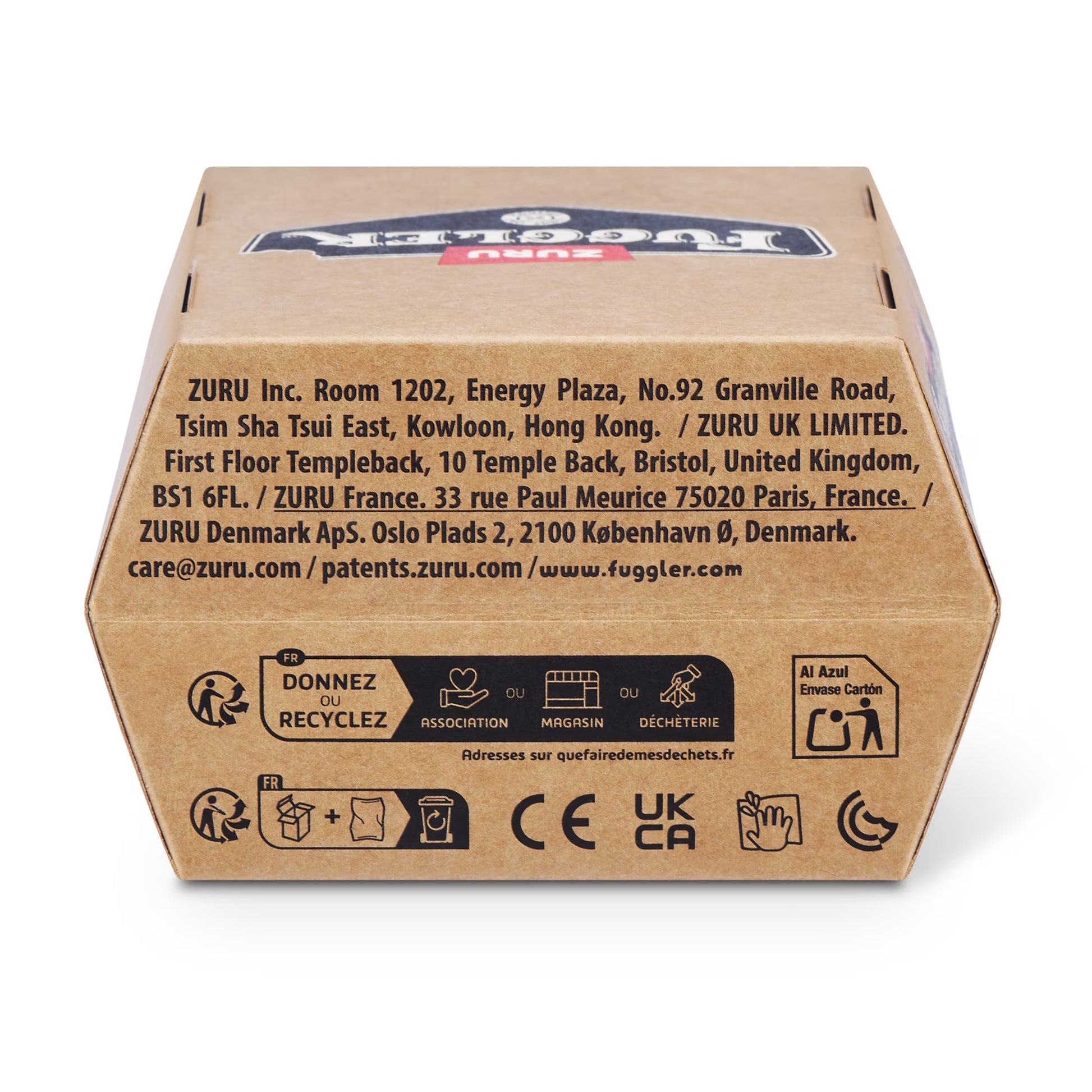Back of a cardboard box with text and logos on a white background