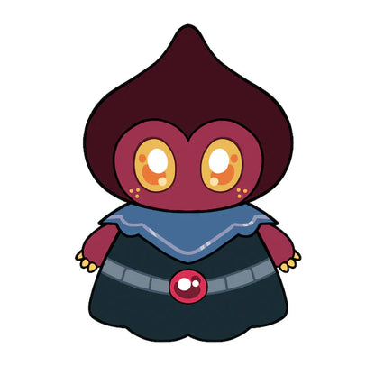 Squishable Mini Flatwoods Monster Cartoon character with large eyes and a red hood on a white background