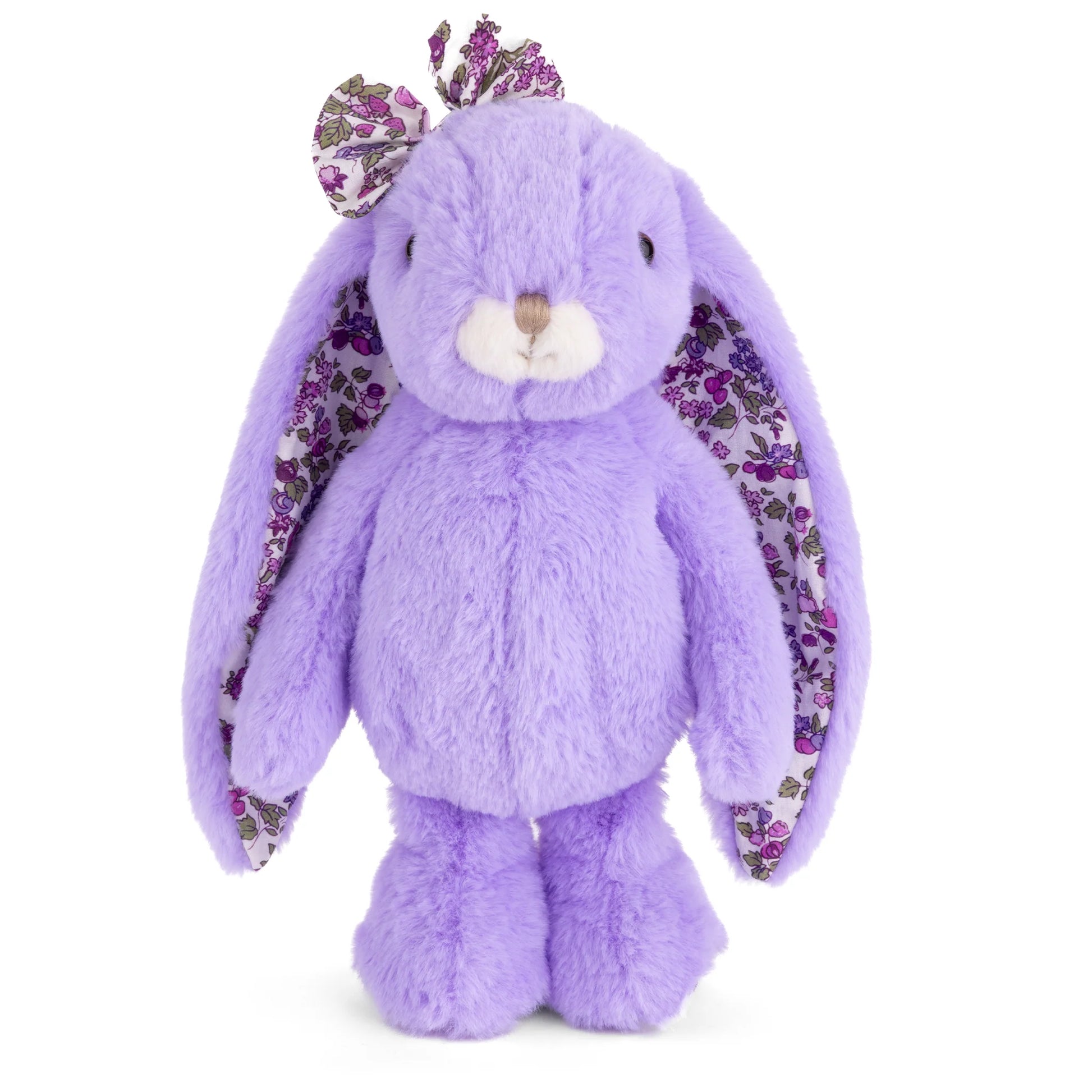 Bukowski Bears Friendly Kanina plush rabbit in floral lavender with a matching floral bow and long floppy ears.