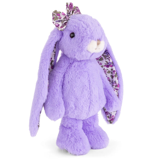 Bukowski Bears Friendly Kanina plush rabbit in floral lavender with a matching floral bow and long floppy ears.