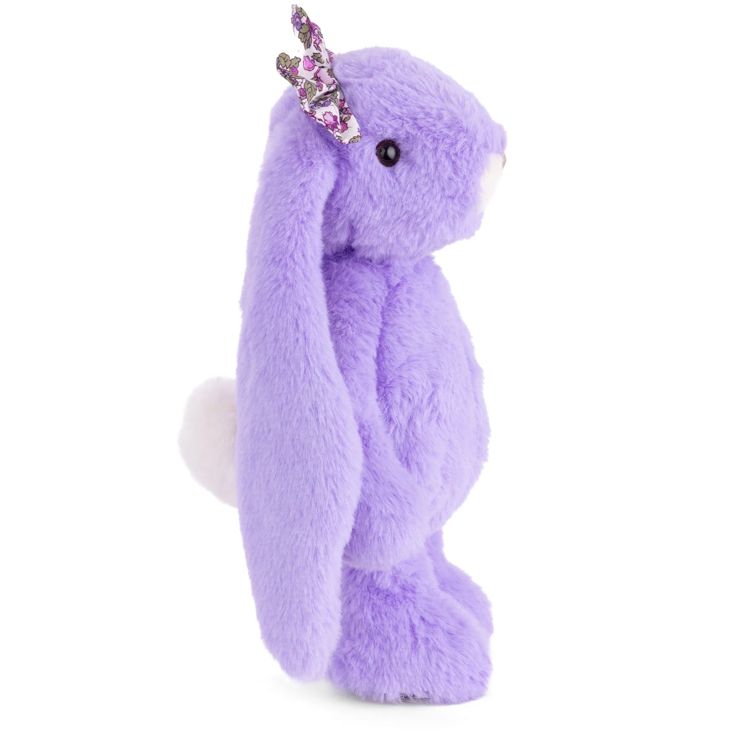 Bukowski Bears Friendly Kanina plush rabbit in floral lavender with a matching floral bow and long floppy ears.