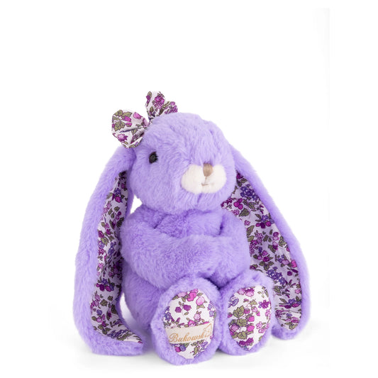 Bukowski Bears Friendly Kanina plush rabbit in floral lavender with a matching floral bow and long floppy ears.