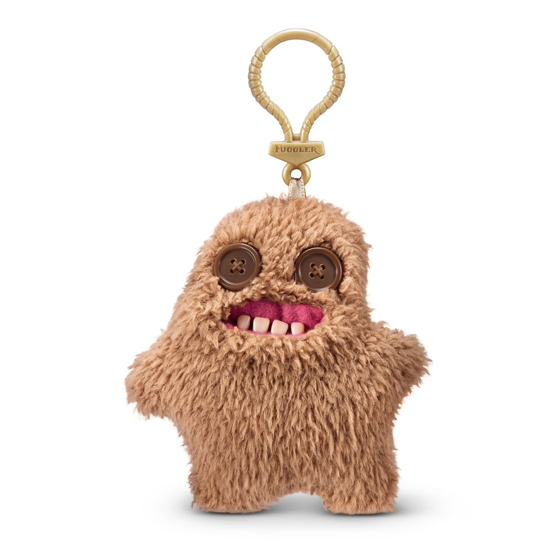 Fuggler Series 5 Sir Splodge-A-Lot 5-inch keyring plush in Brown variation, featuring fuzzy brown fur, button eyes, and human-like bottom teeth.