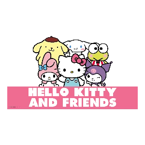 Cartoon characters including Hello Kitty and friends with a pink banner on a white background