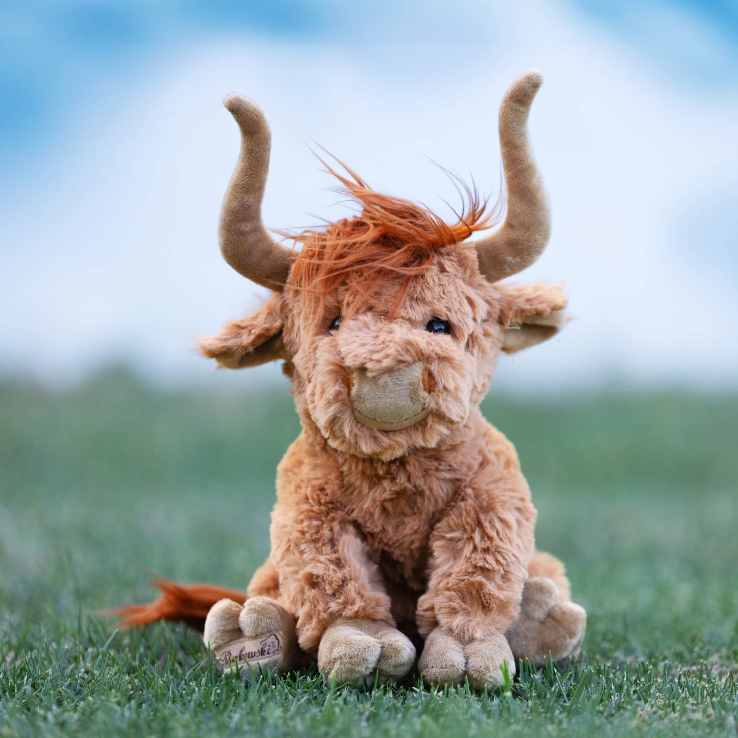 Bukowski Bears Henderson 12-inch highland cow plush sitting in the grass, featuring shaggy warm earthy-toned fur and curved horns.