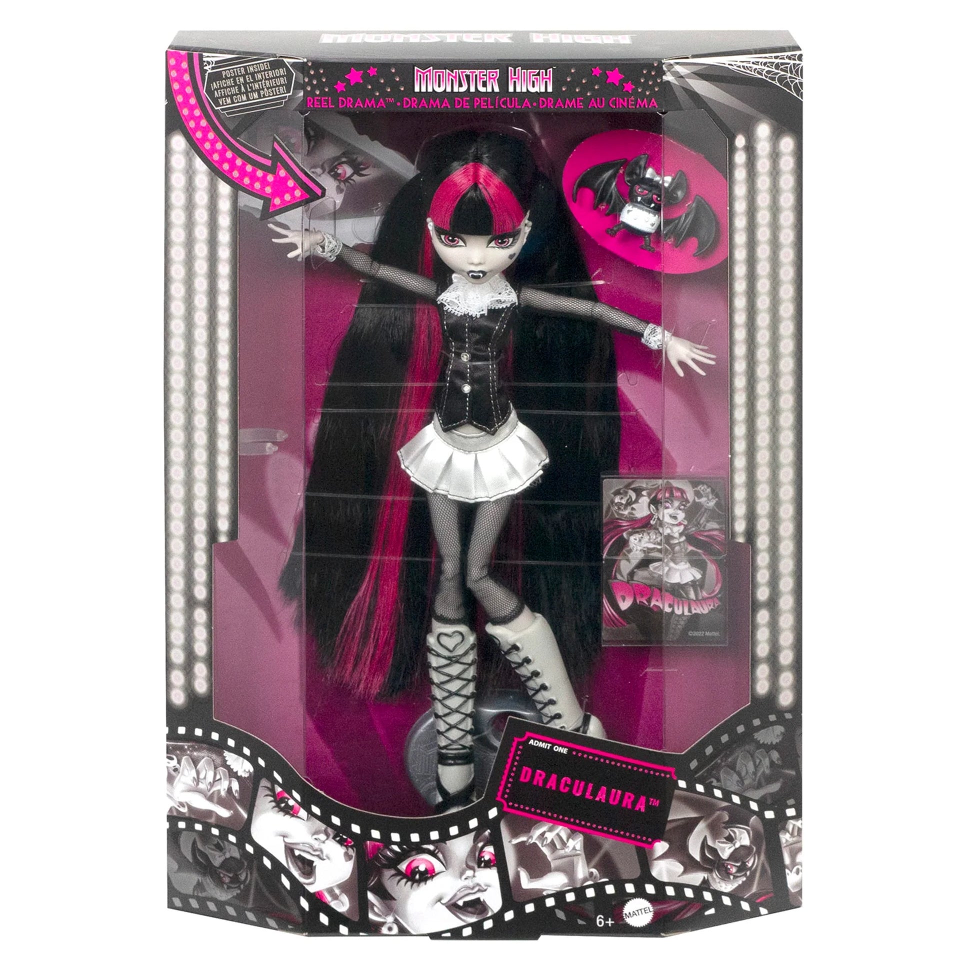 Monster High Draculaura Reel Drama doll in packaging on a white background