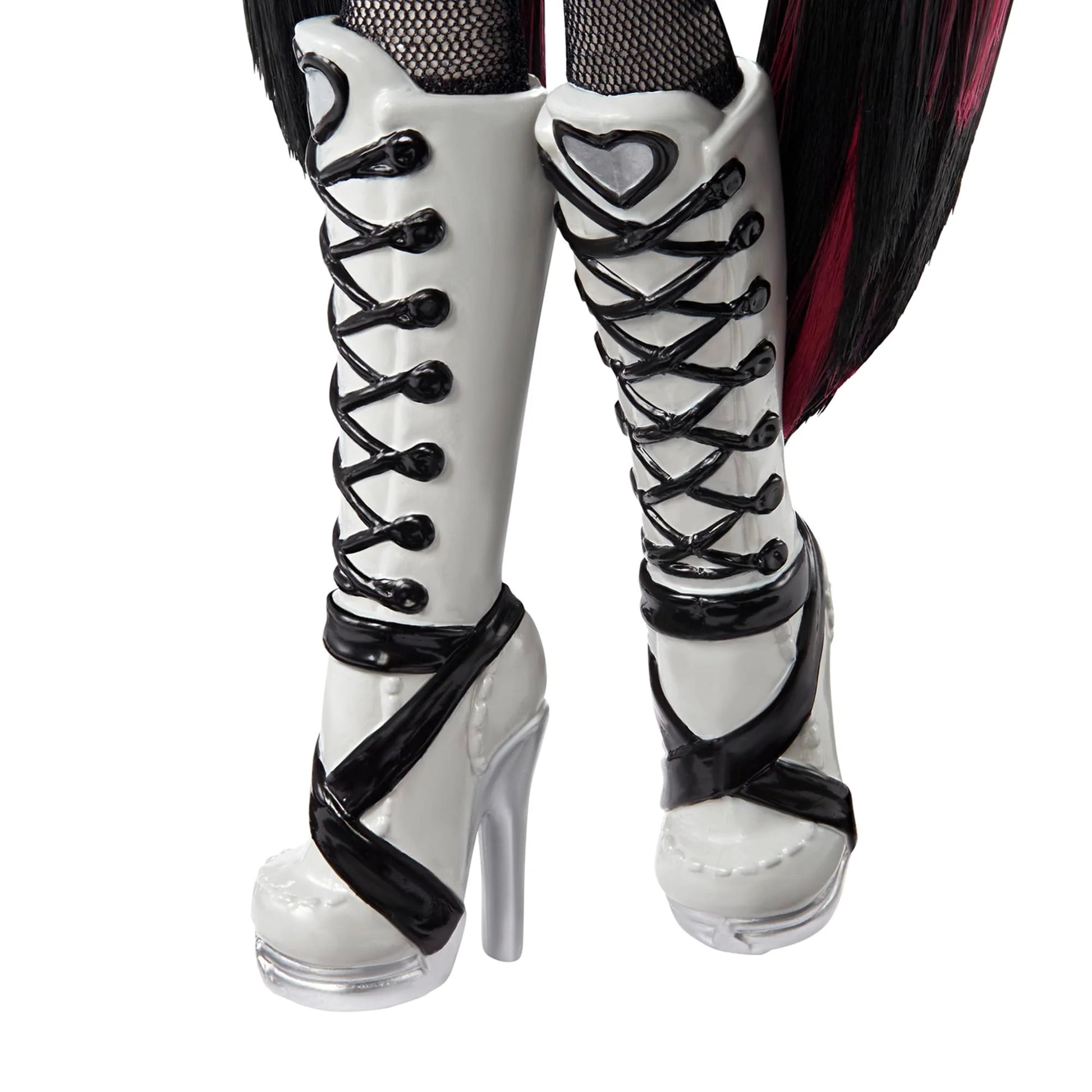 White high-heeled boots with black lace-up design on a white background