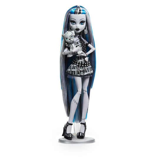 Monster High Reel Drama Frankie Doll with blue hair and a pet on a white background