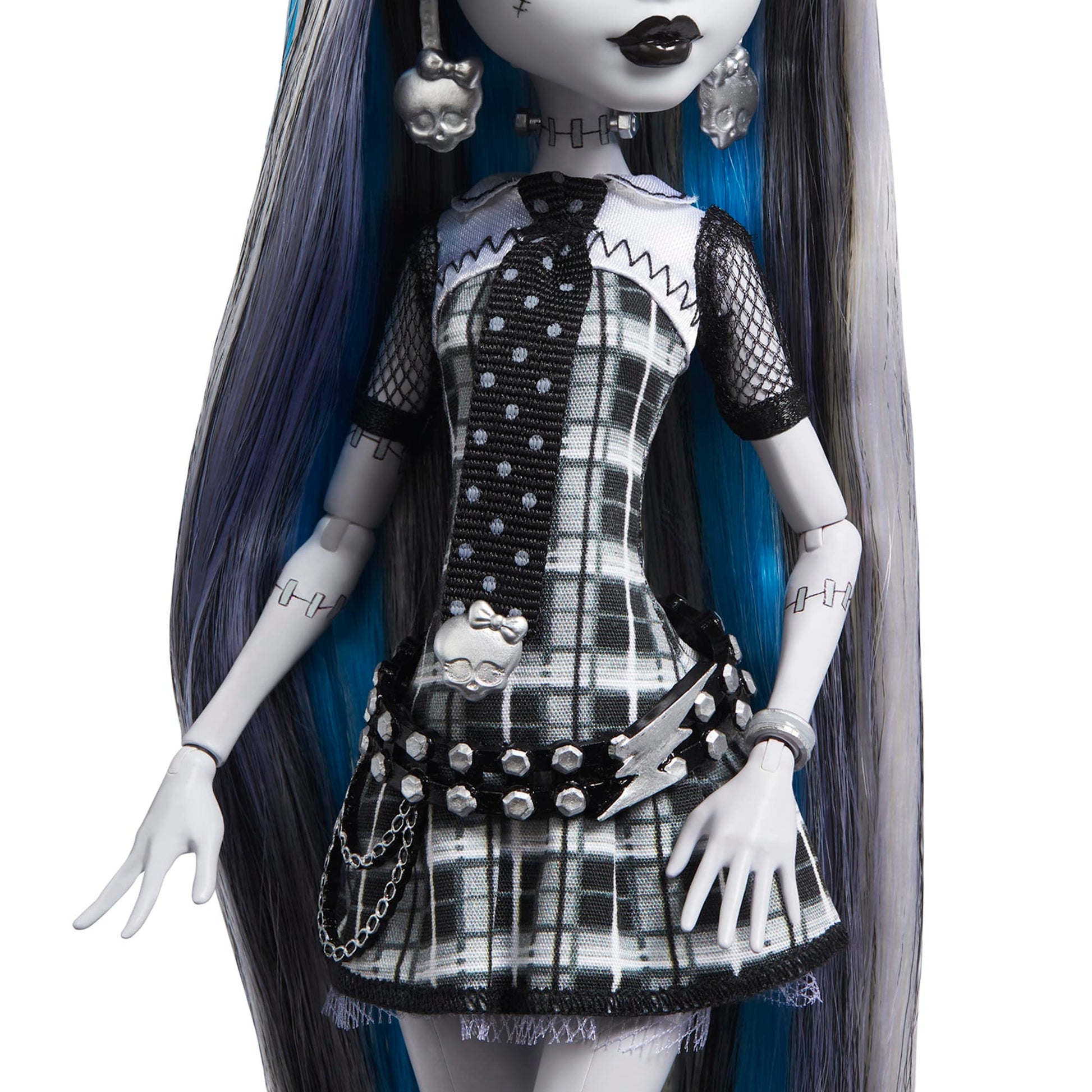 Monster High Reel Drama Frankie Doll with black and white outfit on a white background