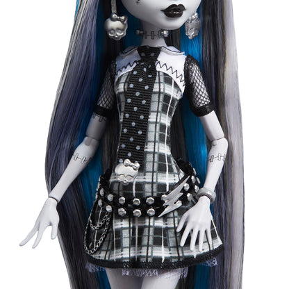 Monster High Reel Drama Frankie Doll with black and white outfit on a white background