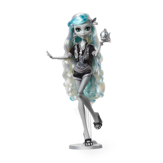 Monster High Reel Drama Lagoona Blue Doll with long white and blue hair, wearing a black and white outfit on a white background