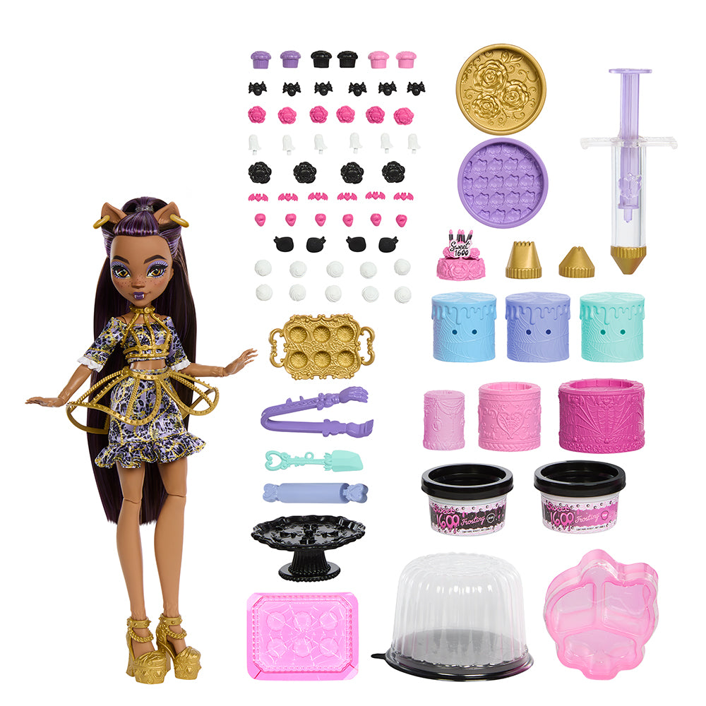 Monster High Scary Sweet Birthday - Cake Kit with Clawdeen Wolf Doll with accessories on a white background