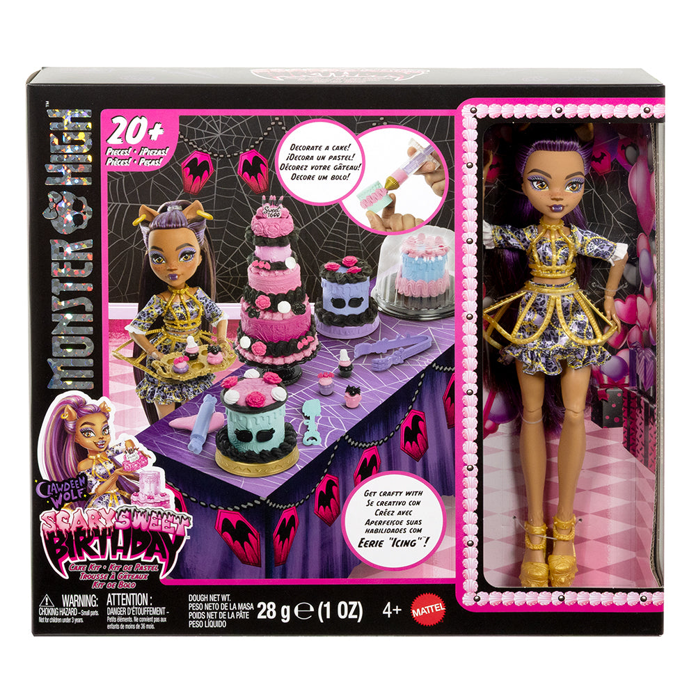 Monster High Scary Sweet Birthday - Cake Kit with Clawdeen Wolf Doll packaging with doll and birthday cake set