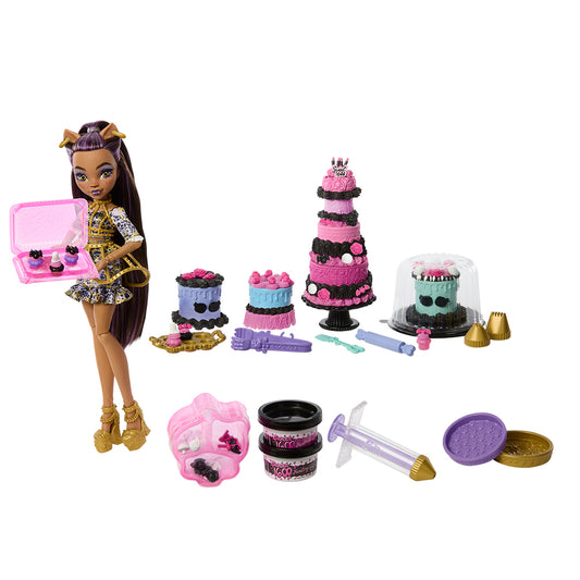 Monster High Scary Sweet Birthday - Cake Kit with Clawdeen Wolf Doll with cake-making accessories on a white background