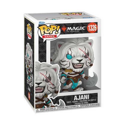 Funko Pop! Magic: The Gathering Ajani Leonin Planeswalker vinyl figure featuring albino fur, an eye scar, and a battle axe.