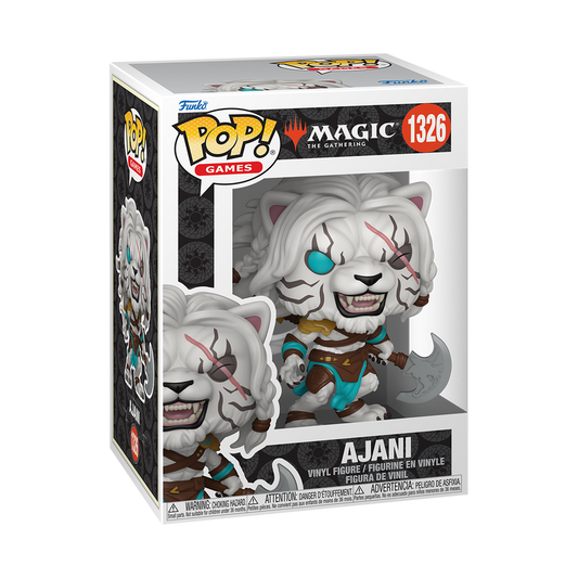 Funko Pop! Magic: The Gathering Ajani Leonin Planeswalker vinyl figure featuring albino fur, an eye scar, and a battle axe.
