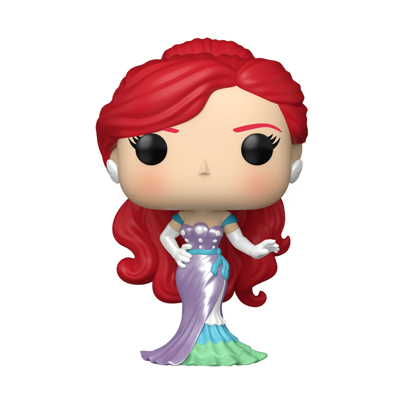 Funko Pop! Disney Ariel vinyl figure with flowing red hair, wearing a purple and seafoam green gown, white gloves, and pearl earrings.