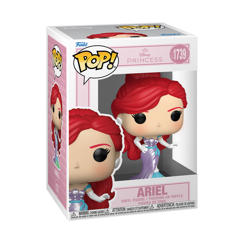 Funko Pop! Disney Ariel vinyl figure with flowing red hair, wearing a purple and seafoam green gown, white gloves, and pearl earrings.