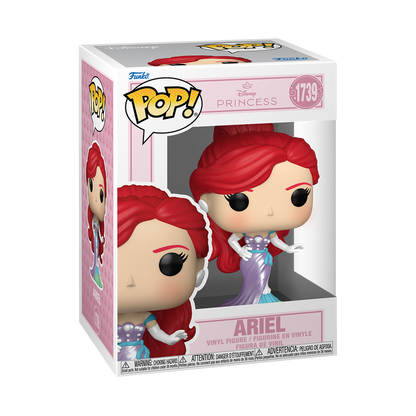 Funko Pop! Disney Ariel vinyl figure with flowing red hair, wearing a purple and seafoam green gown, white gloves, and pearl earrings.