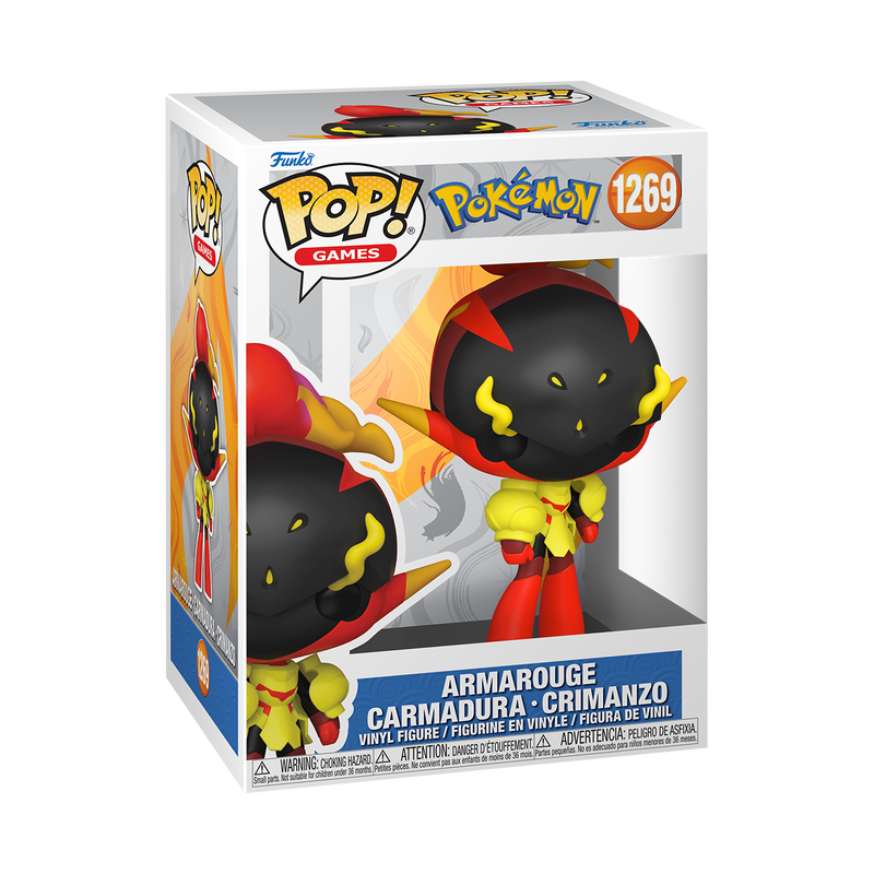 Funko Pop! Pokémon Armarouge vinyl figure featuring crimson and yellow armor with a flaming crest.