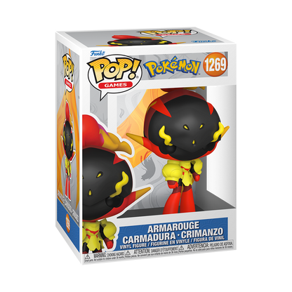 Funko Pop! Pokémon Armarouge vinyl figure featuring crimson and yellow armor with a flaming crest.