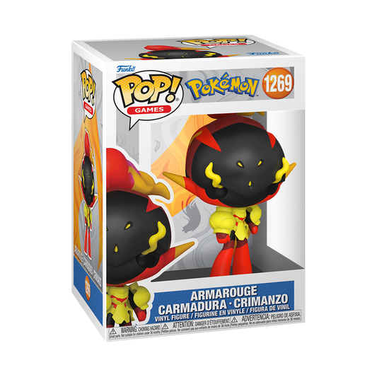 Funko Pop! Pokémon Armarouge vinyl figure featuring crimson and yellow armor with a flaming crest.