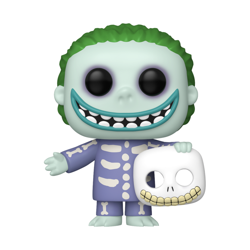 Funko Pop! The Nightmare Before Christmas Barrel vinyl figure in skeleton pajamas holding a smiling skull mask.