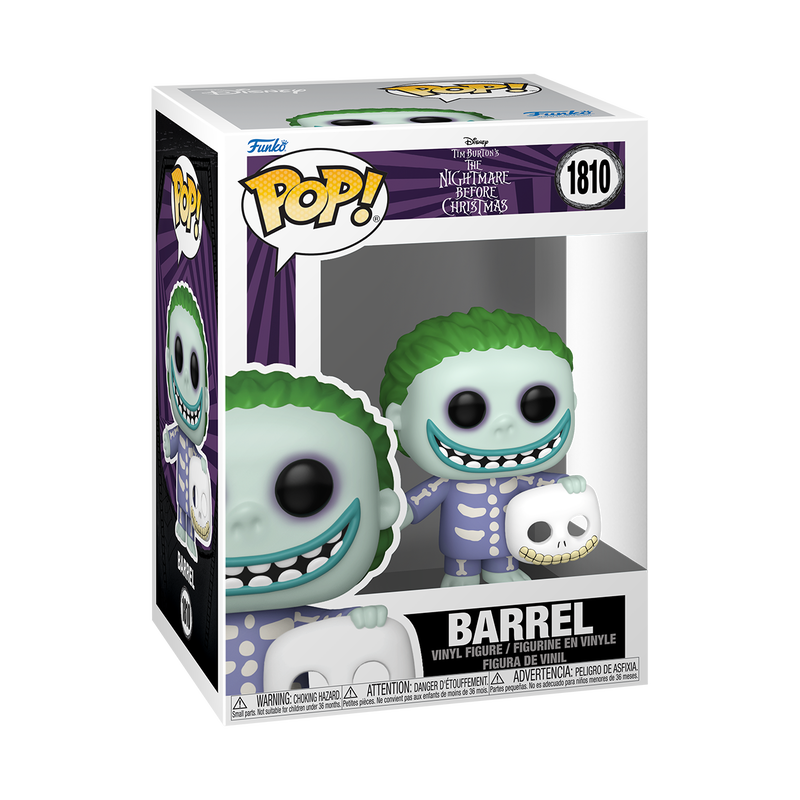 Funko Pop! The Nightmare Before Christmas Barrel vinyl figure in skeleton pajamas holding a smiling skull mask.