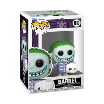 Funko Pop! The Nightmare Before Christmas Barrel vinyl figure in skeleton pajamas holding a smiling skull mask.