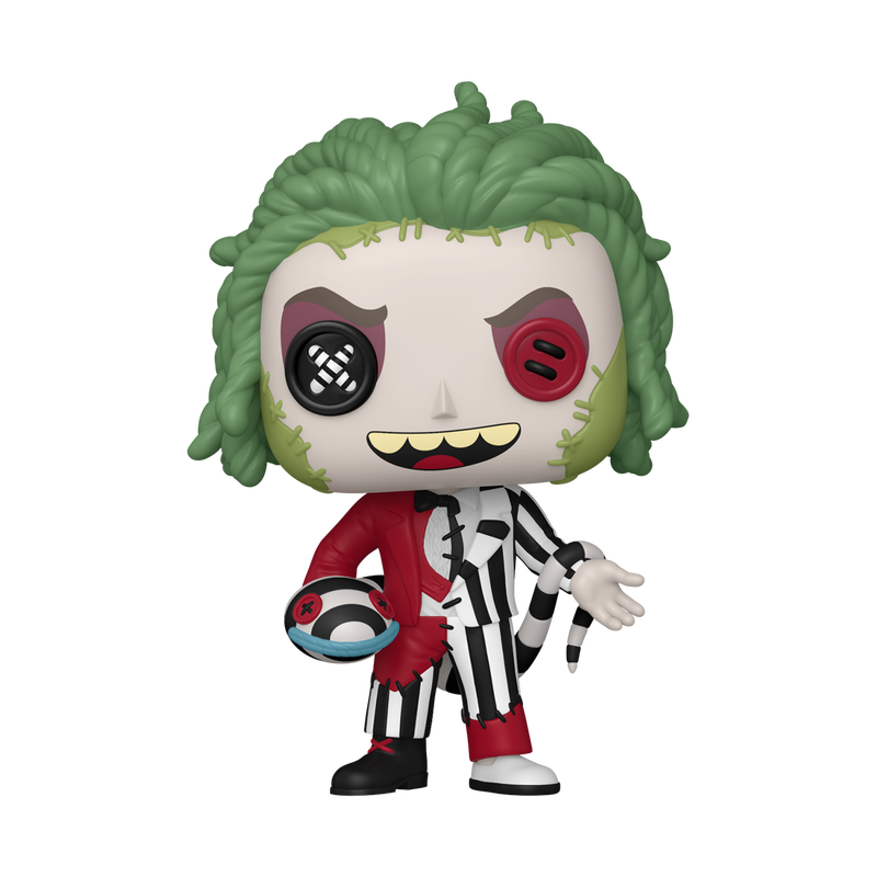 Funko Pop! Beetlejuice Patchwork vinyl figure featuring wild green hair, mismatched button eyes, and a split striped suit.