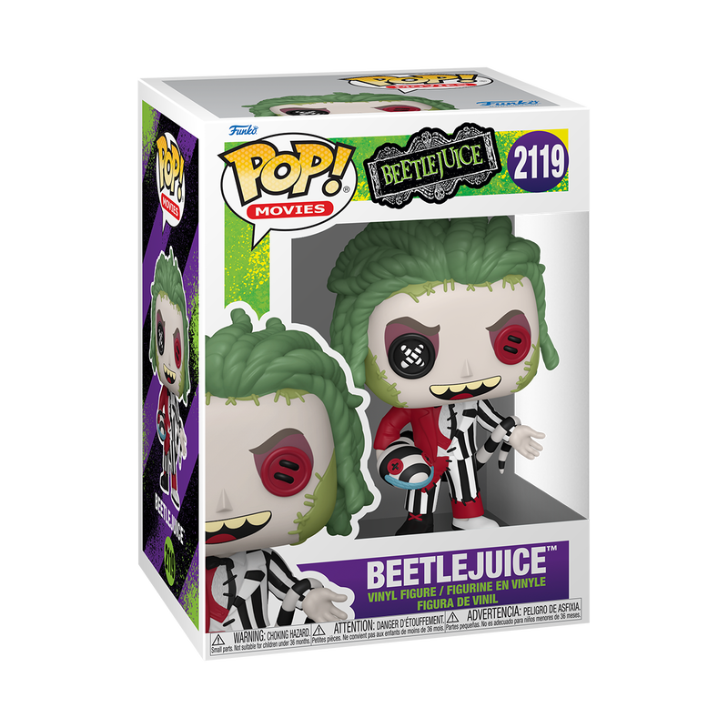 Funko Pop! Beetlejuice Patchwork vinyl figure featuring wild green hair, mismatched button eyes, and a split striped suit.