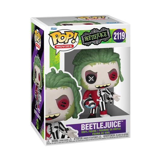 Funko Pop! Beetlejuice Patchwork vinyl figure featuring wild green hair, mismatched button eyes, and a split striped suit.