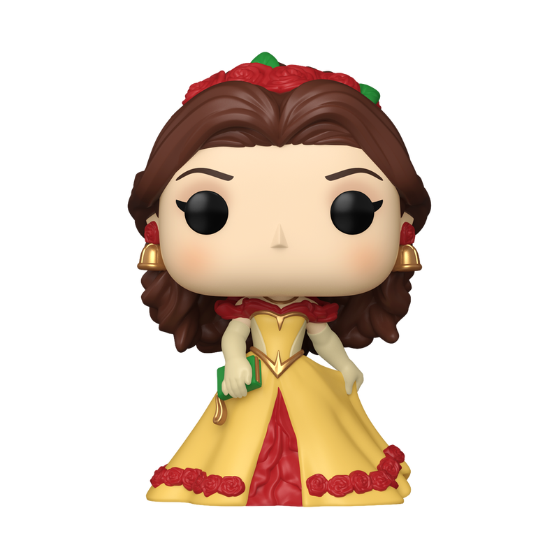 Funko Pop! Disney Belle vinyl figure wearing a yellow and red gown with red roses, gold earrings, and holding a small green book.