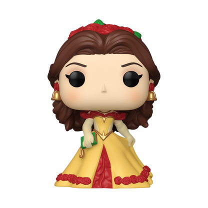 Funko Pop! Disney Belle vinyl figure wearing a yellow and red gown with red roses, gold earrings, and holding a small green book.