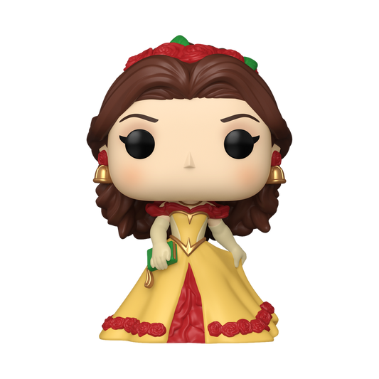 Funko Pop! Disney Belle vinyl figure wearing a yellow and red gown with red roses, gold earrings, and holding a small green book.