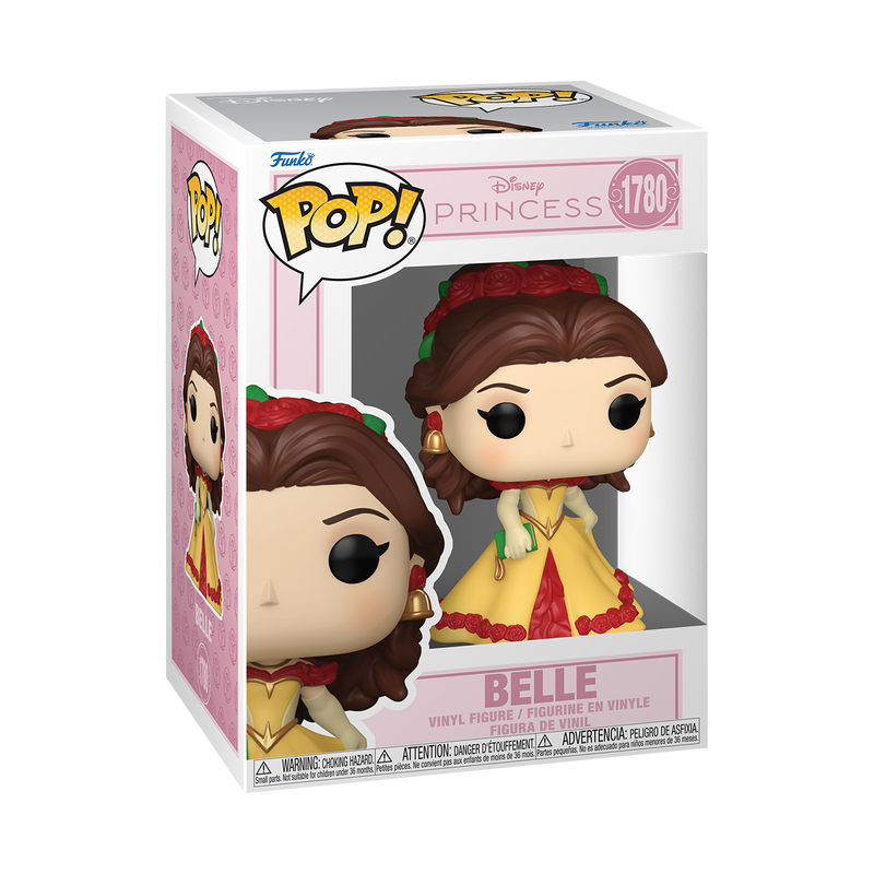 Funko Pop! Disney Belle vinyl figure wearing a yellow and red gown with red roses, gold earrings, and holding a small green book.