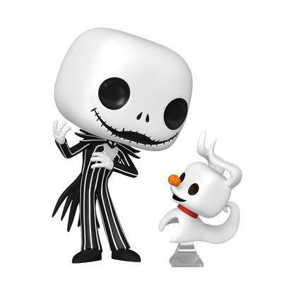 Funko Pop! & Buddy The Nightmare Before Christmas Jack Skellington vinyl figure standing next to ghost dog Zero on a clear stand.