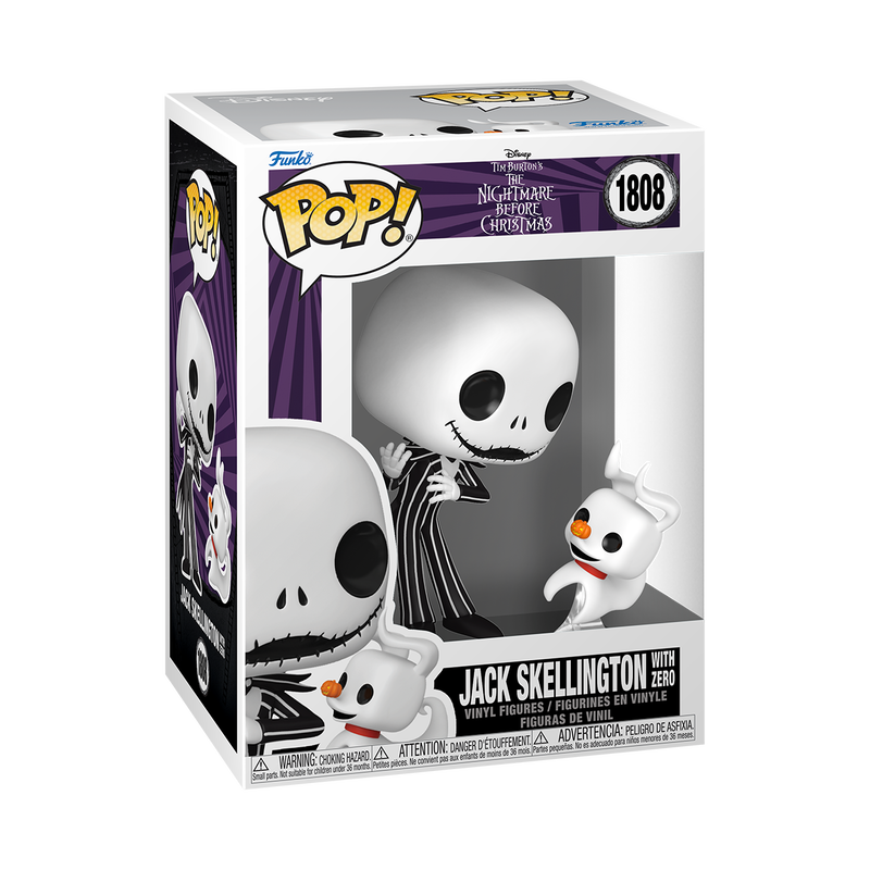 Funko Pop! & Buddy The Nightmare Before Christmas Jack Skellington vinyl figure standing next to ghost dog Zero on a clear stand.